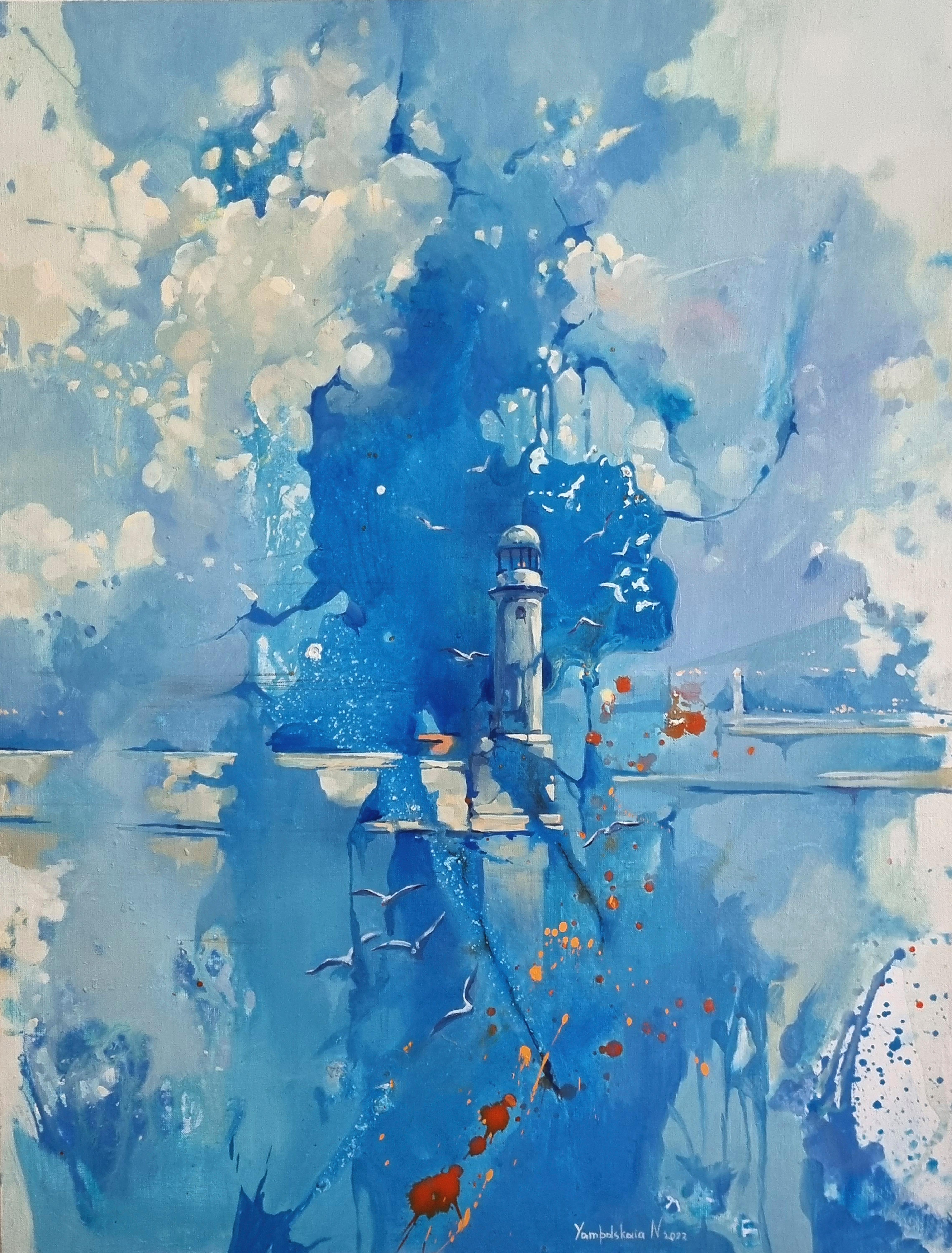 Natalia Yampolskaya Landscape Painting - Lighthouse - Oil Landscape painting White Orange Brown