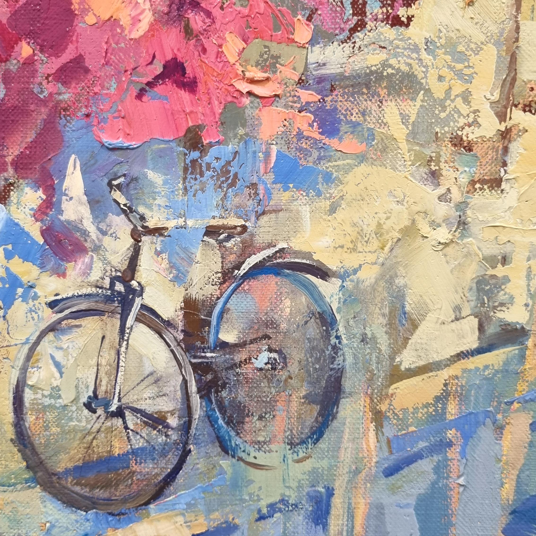 Recuerdos de Grecia - Pintura al óleo Paisaje Gris Blanco Naranja Lila Amarillo Rosa - Painting Impresionista de Natalia Yampolskaya