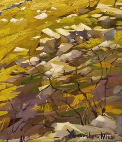 Mountain Home - Oil Landscape painting White Green Blue Yellow Brown