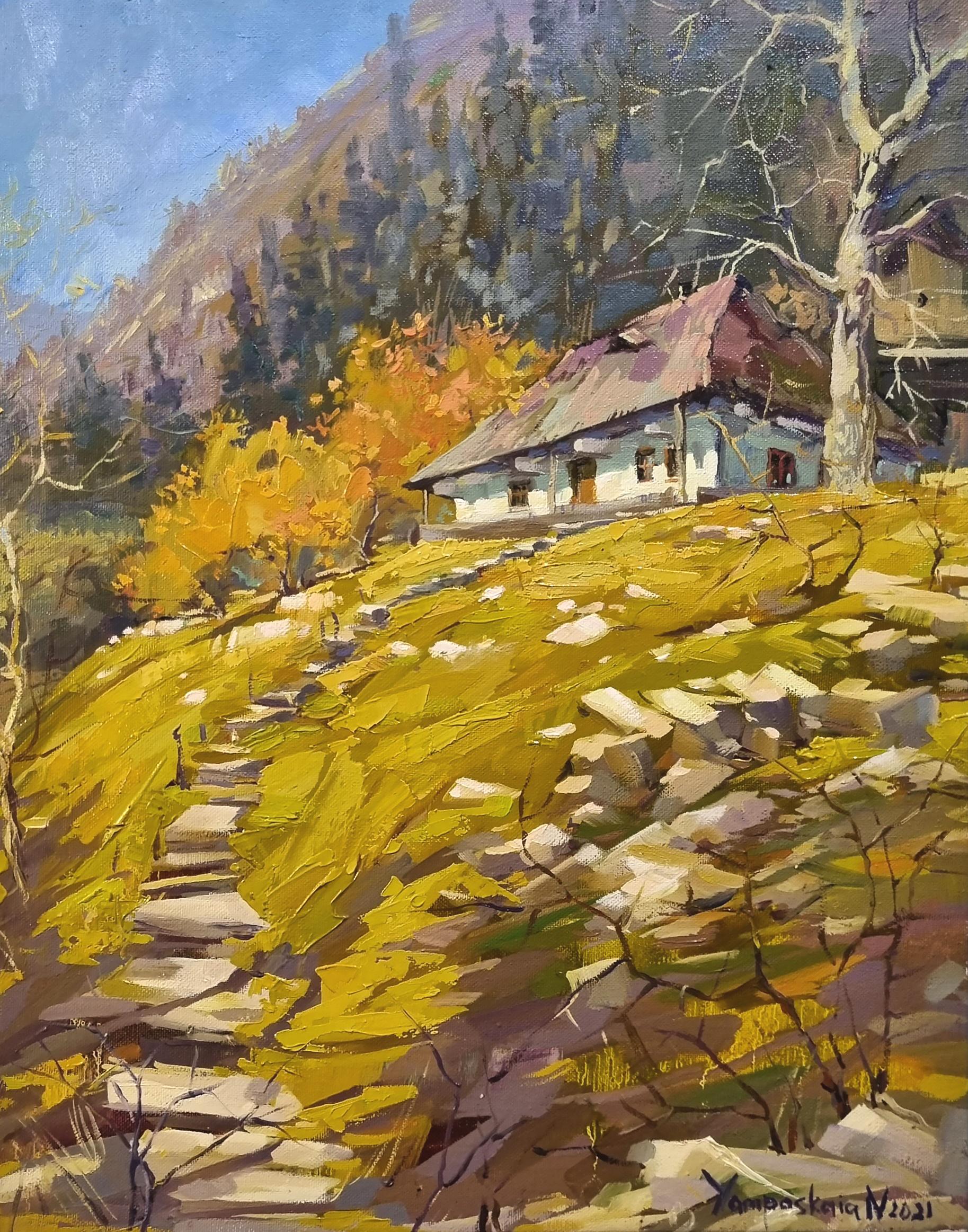 Landscape Painting di Natalia Yampolskaya - Mountain Home - Paesaggio dipinto a olio Bianco Verde Blu Giallo Marrone