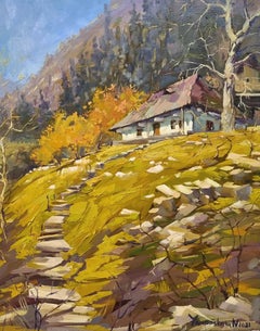 Mountain Home - Peinture à l'huile - Paysage blanc vert bleu jaune brun