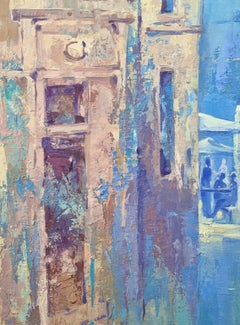 Ciudad Vieja - Pintura al óleo Paisaje Gris Blanco Naranja Lila Amarillo Rosa