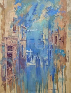 Ciudad Vieja - Pintura al óleo Paisaje Gris Blanco Naranja Lila Amarillo Rosa