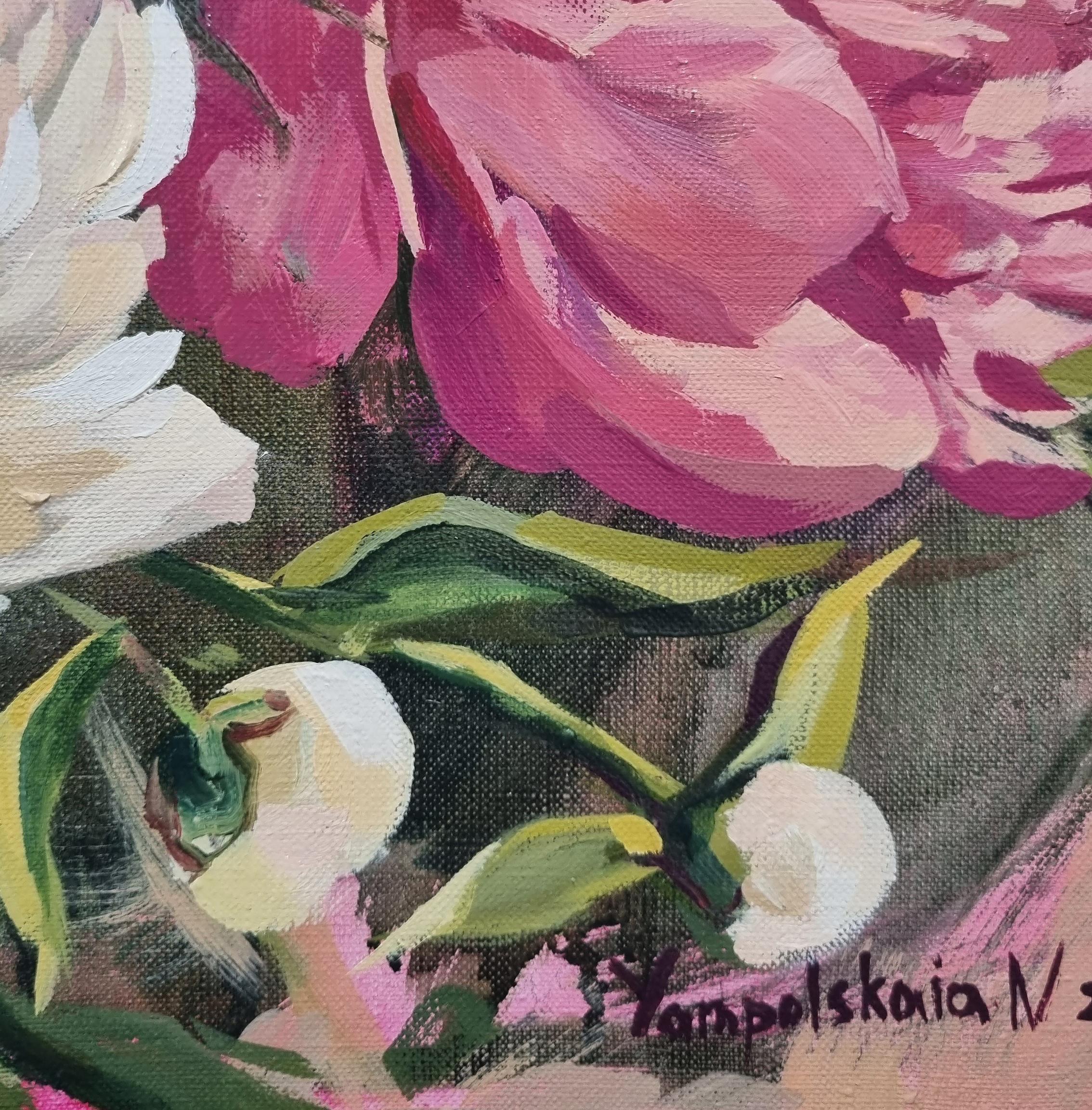 Peonies - Oil Still Life painting White Green Yellow Pink - Painting by Natalia Yampolskaya