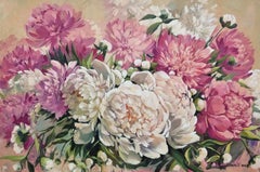 Peonies - Oil Still Life painting White Green Yellow Pink