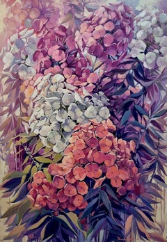 Solar Phlox - Stillleben-Gemälde in den Farben Braun Lila Rosa Gelb