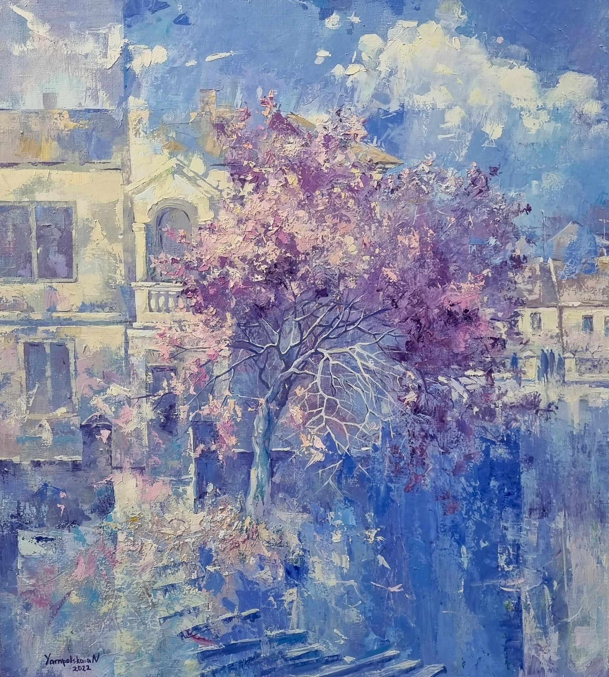 Natalia Yampolskaya Spring Oil Landscape painting Grey White Orange Lilac Yellow Pink For