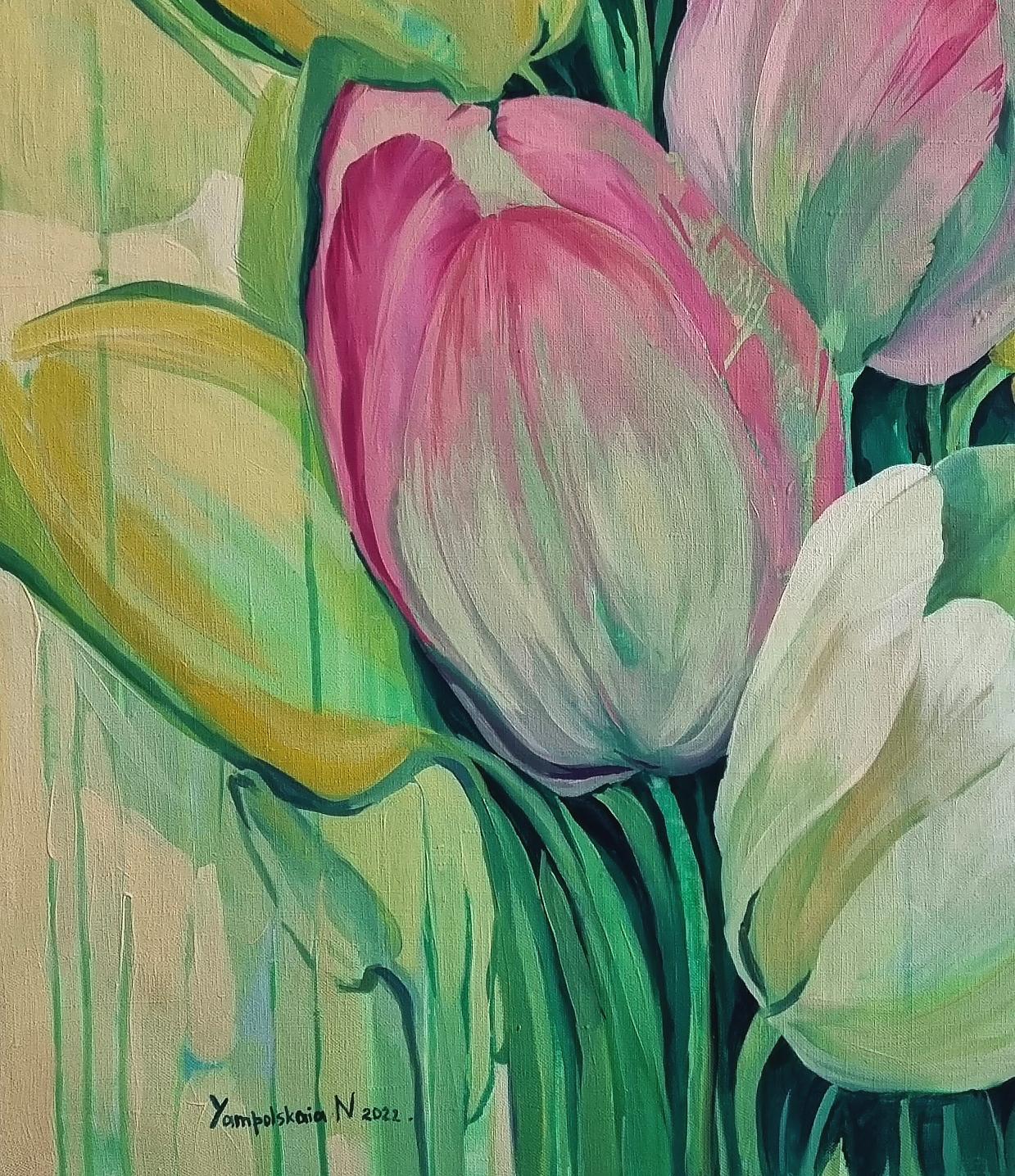 Tulipani - Natura morta pittura ad olio Verde Grigio Bianco Arancione Lilla Giallo Rosa - Painting di Natalia Yampolskaya