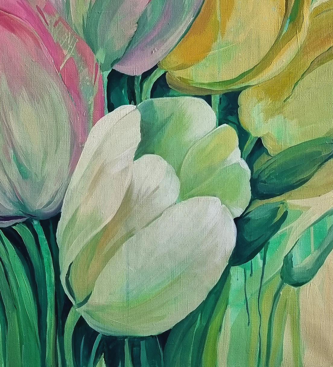 Tulipani - Natura morta pittura ad olio Verde Grigio Bianco Arancione Lilla Giallo Rosa - Painting Impressionismo di Natalia Yampolskaya