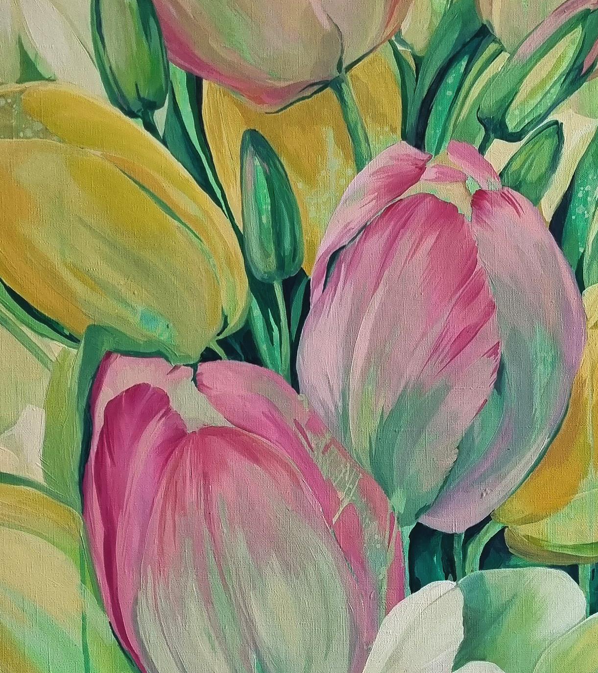Tulipani - Natura morta pittura ad olio Verde Grigio Bianco Arancione Lilla Giallo Rosa - Still-Life Painting Marrone di Natalia Yampolskaya