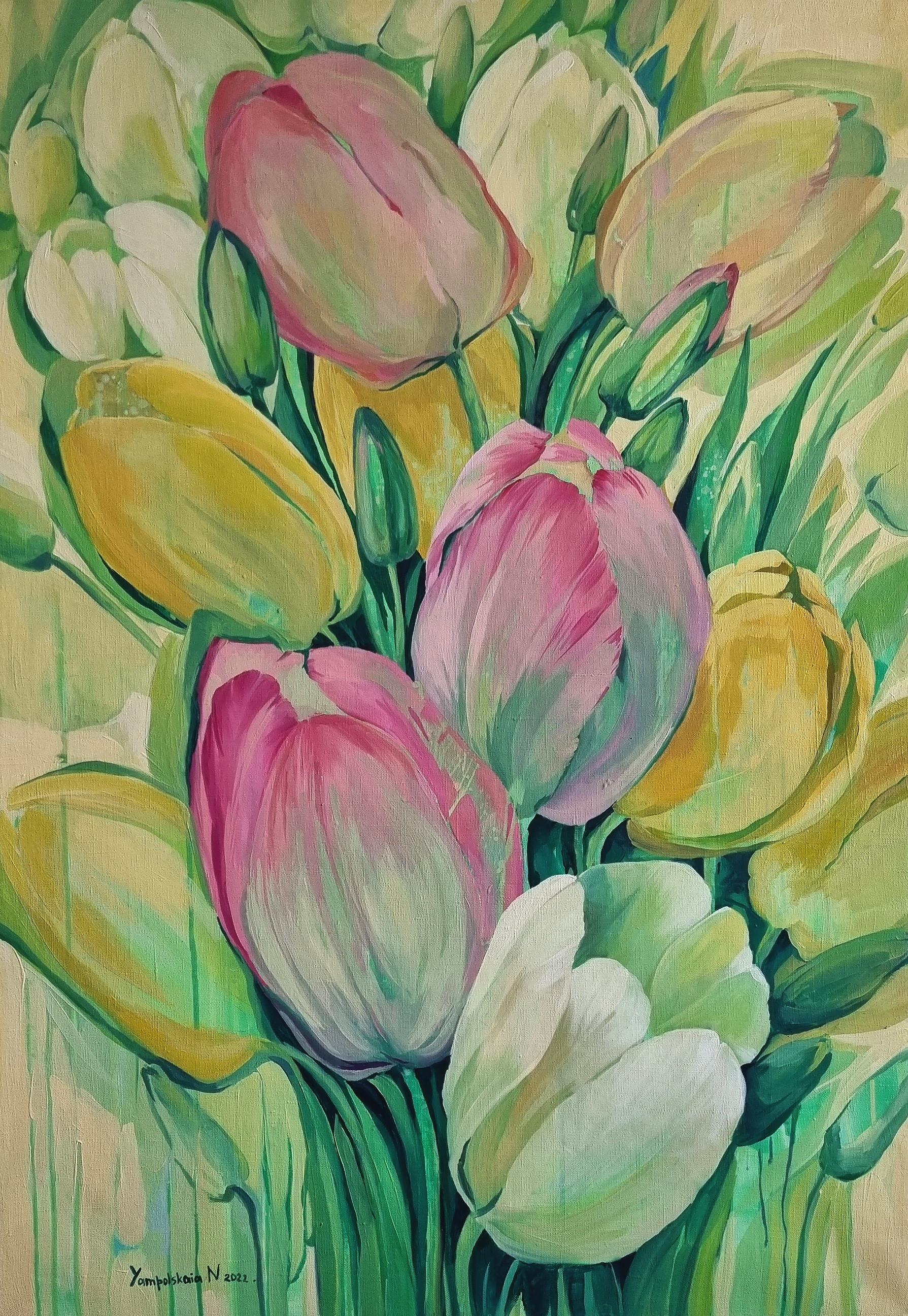 Tulipes - Nature morte peinture à l'huile Vert Gris Blanc Orange Lilas Jaune Rose