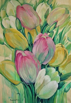 Tulips - Still Life Oil painting Green Grey White Orange Lilac Yellow Pink