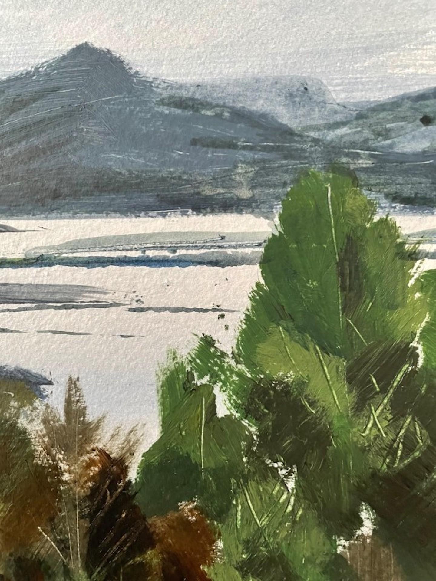 Misty Morning On The Loch, Natalie Bird, Œuvre originale de paysage en techniques mixtes en vente 1