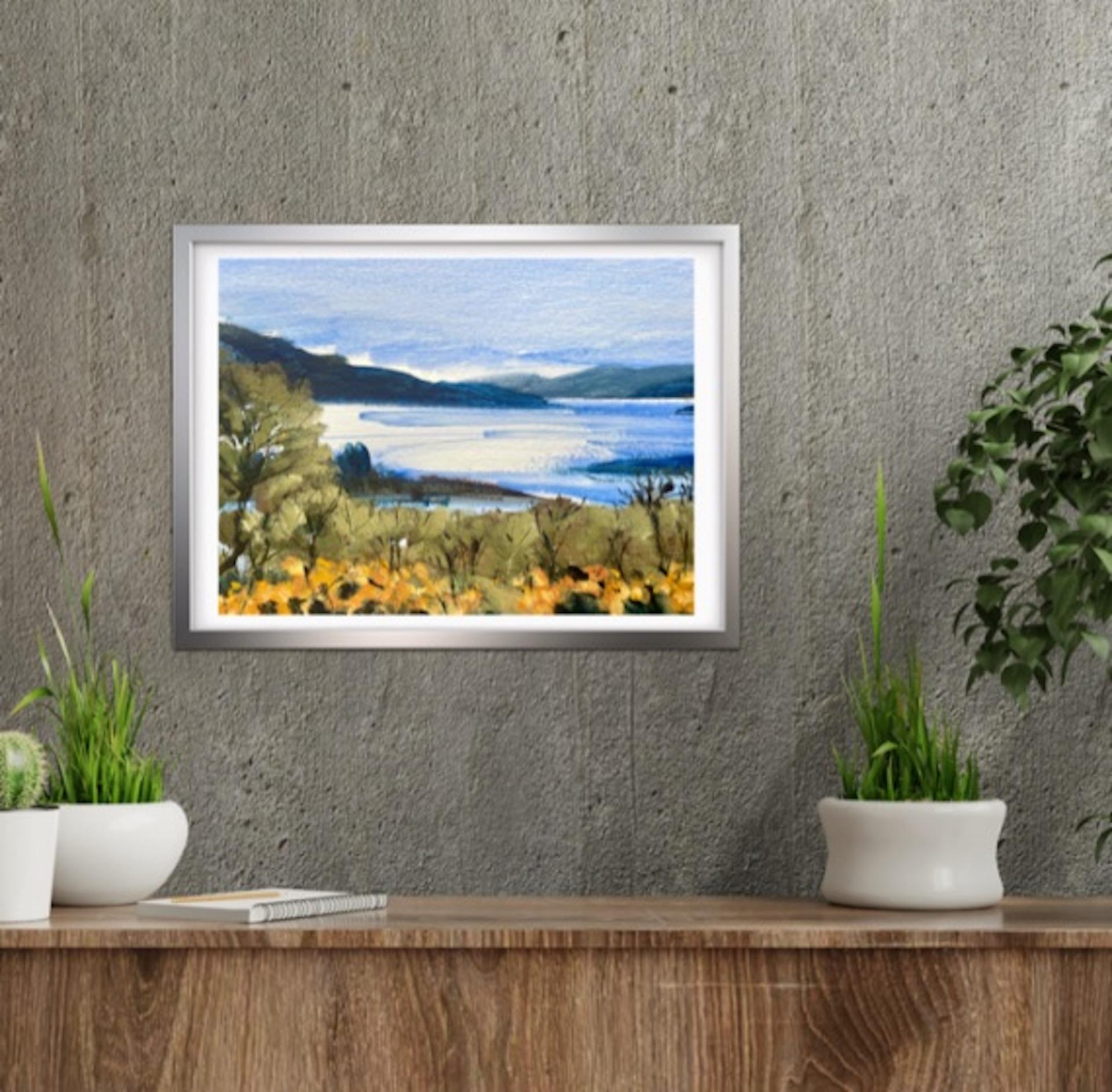 Sole d'autunno sopra il lago, Natalie Bird, dipinto originale di paesaggio costiero in vendita 3