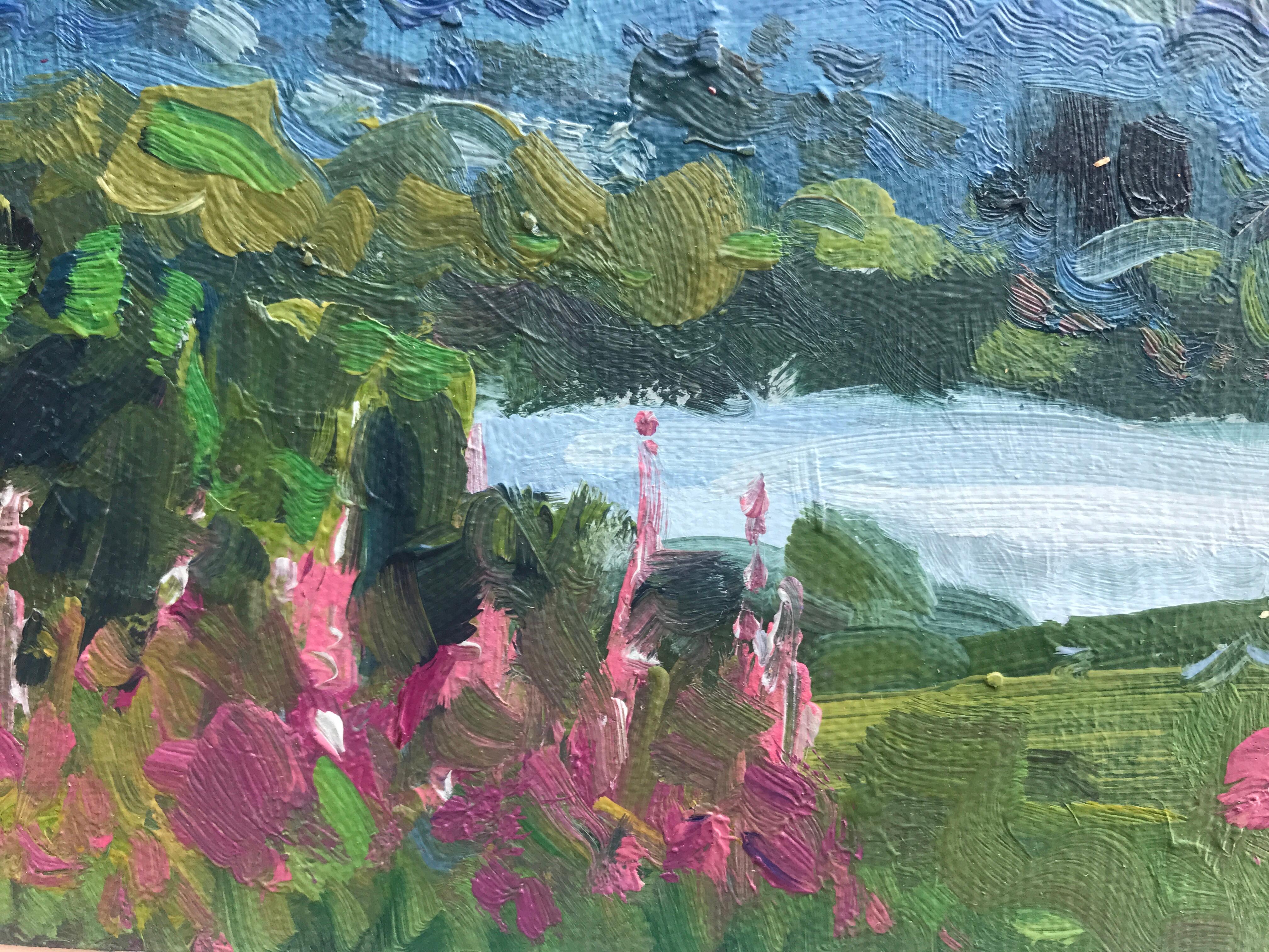Wiesenkraut, Schottische Grenzen, Originalgemälde, Landschaft, Natur, Rosa Blumen (Impressionismus), Painting, von Natalie Bird