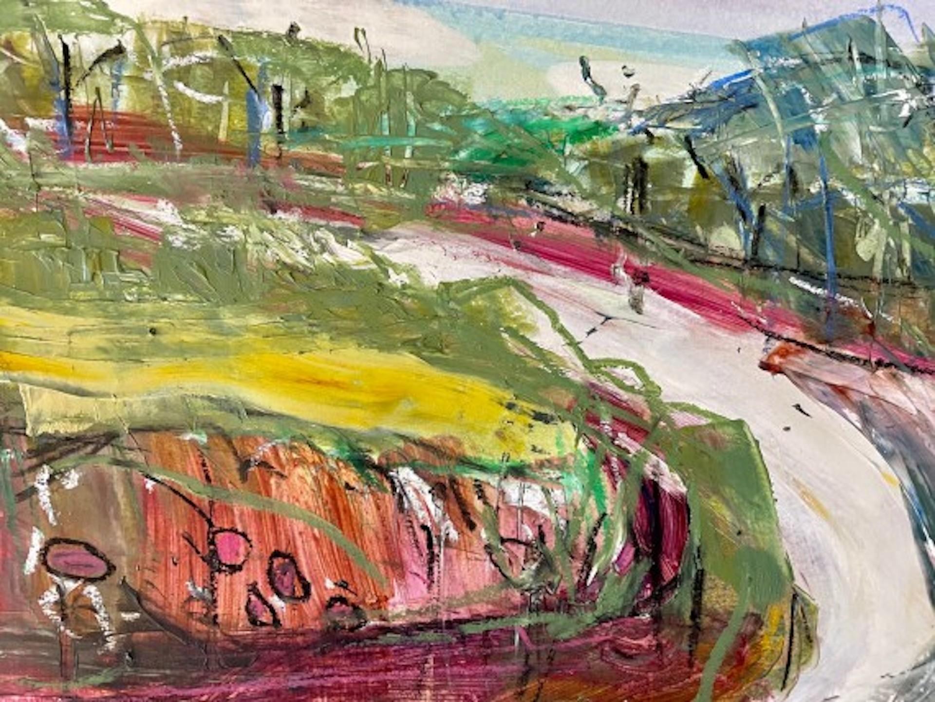 Landscape Painting Natalie Bird - Natalie Oiseau, Country Lane II, peinture abstraite originale de paysage en techniques mixtes