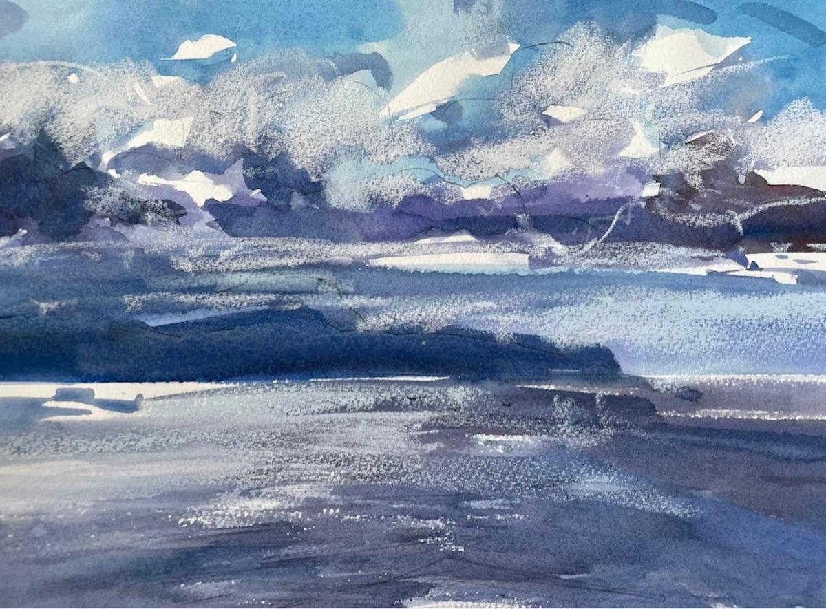 Natalie Bird Abstract Painting – Natalie Vogel, Ferry View to Fetlar, Landschaftsgemälde, Kunst im Stil des Impressionismus