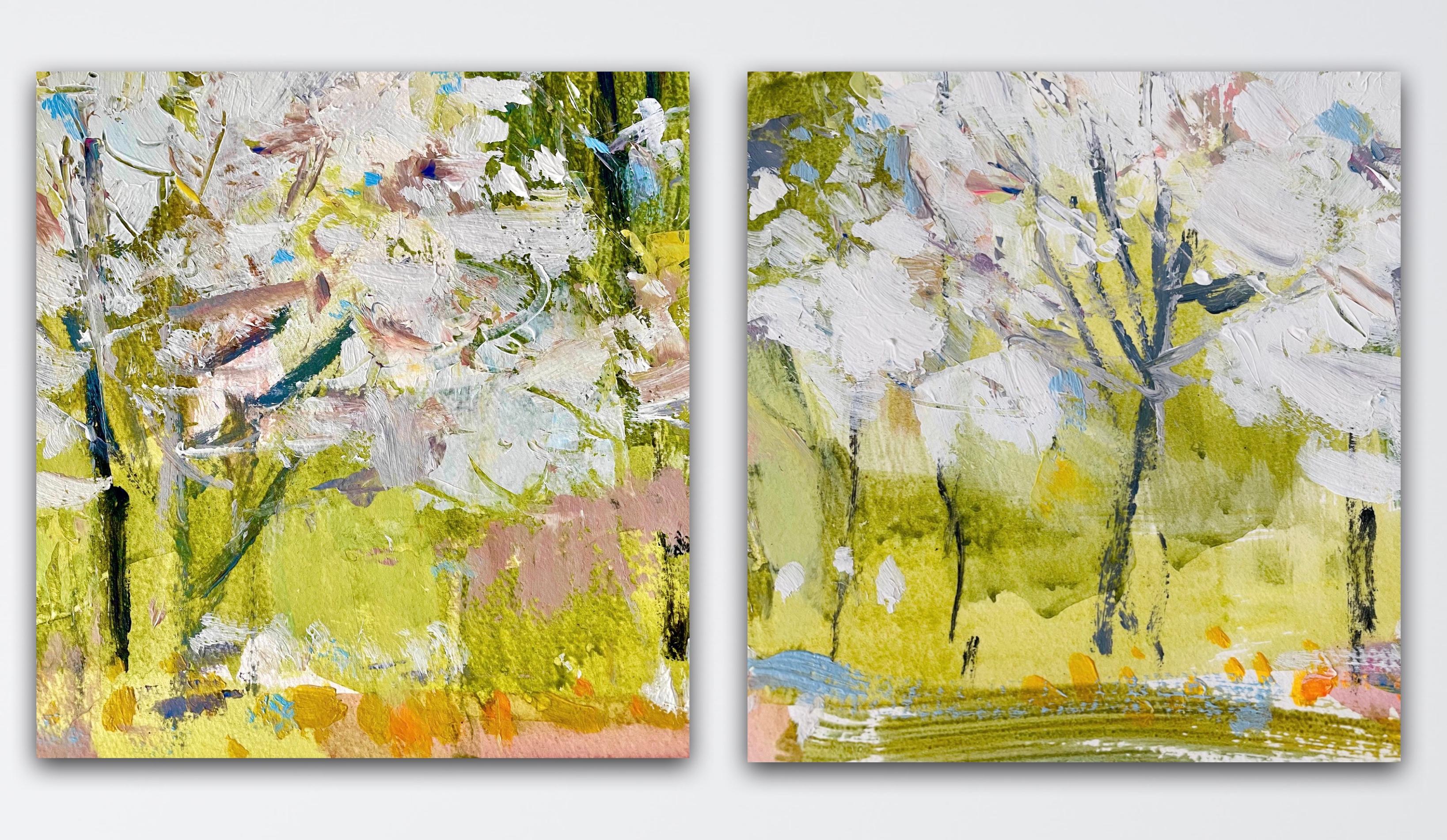 Natalie Bird Landscape Painting – Park Blossom I und Park Blossom II Diptychon