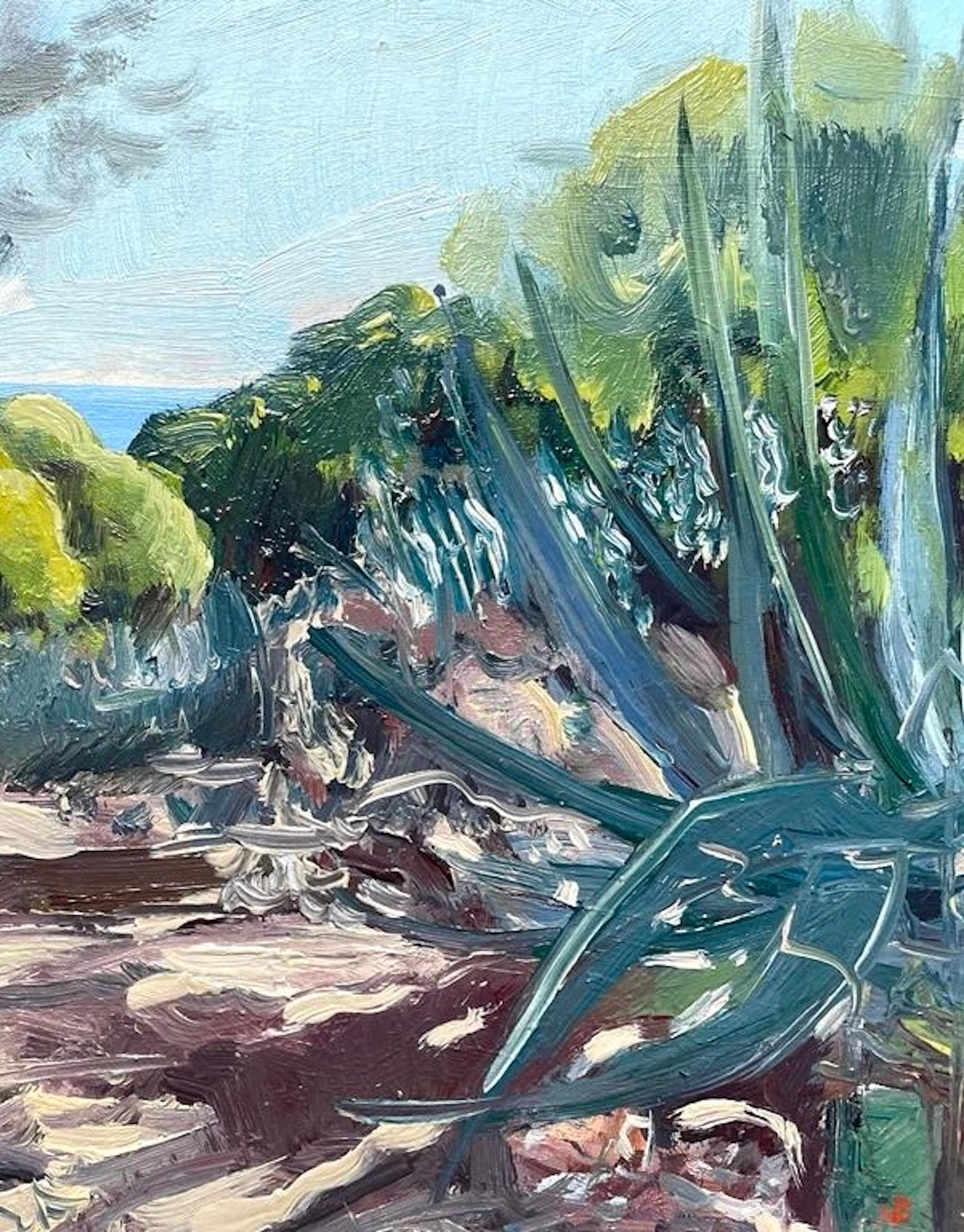 Portuguese Cactus, Plant, Landscape, Seascape, Nature, Impressionist - Painting by Natalie Bird