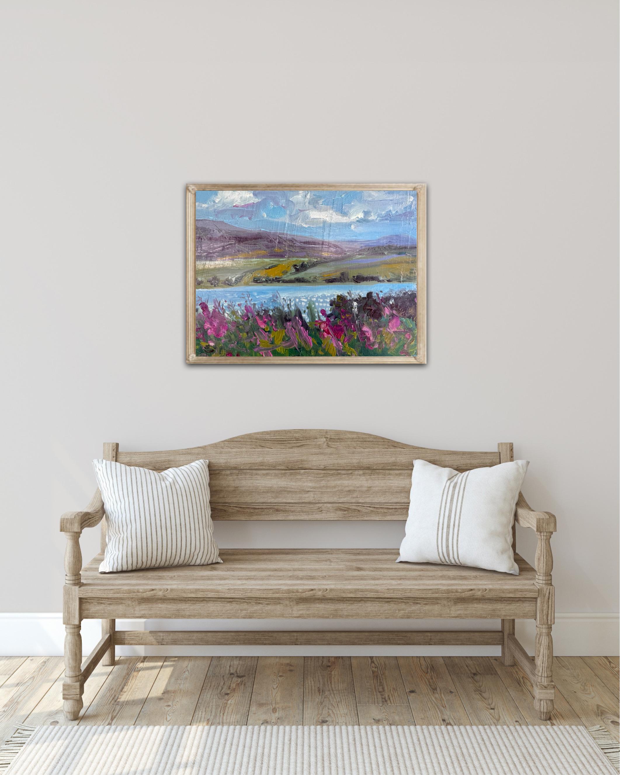 Destello en el lago, Pintura original, Paisaje, Naturaleza, Árbol en venta 1
