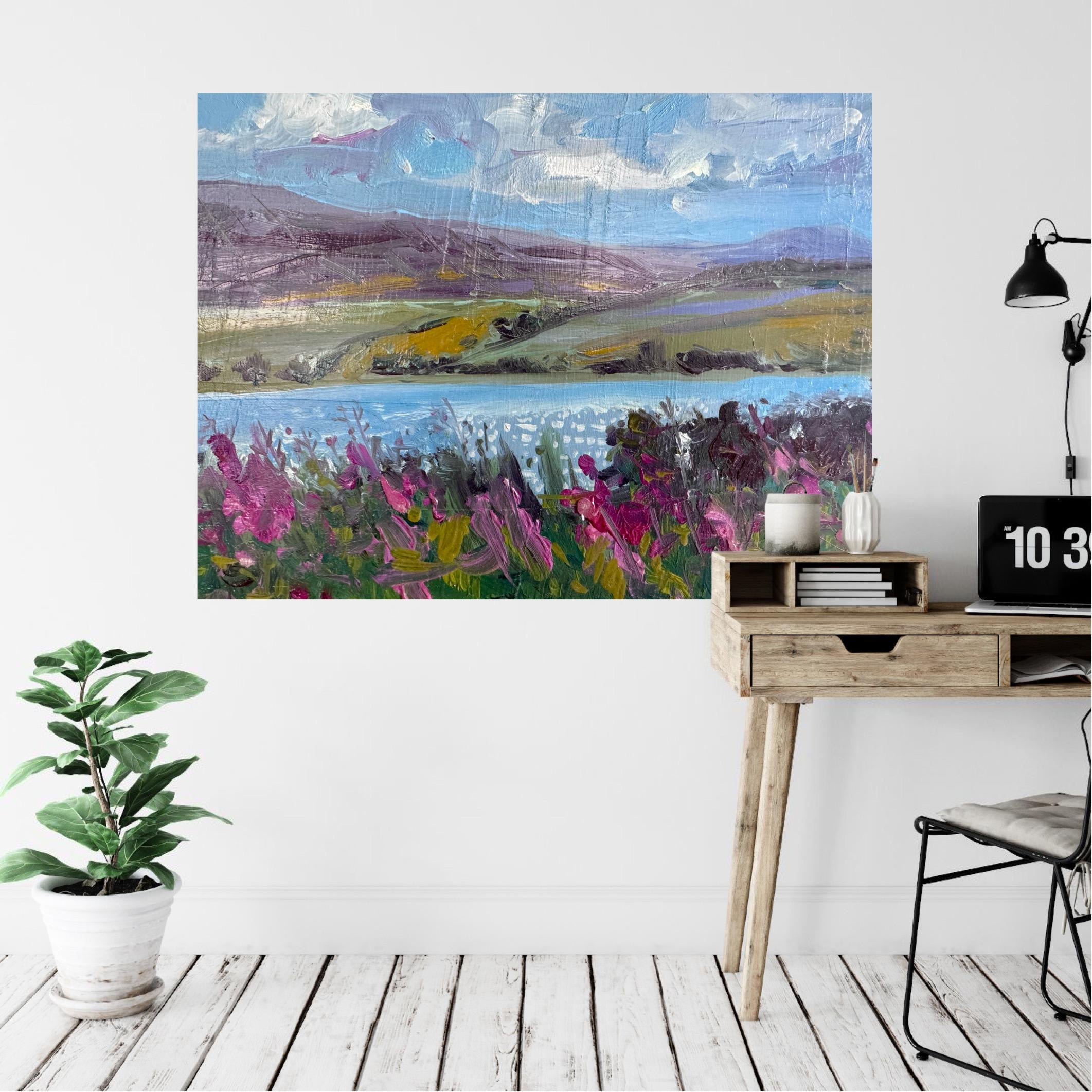 Destello en el lago, Pintura original, Paisaje, Naturaleza, Árbol en venta 2