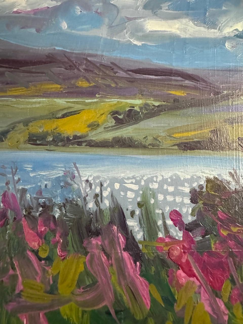 Destello en el lago, Pintura original, Paisaje, Naturaleza, Árbol en venta 4
