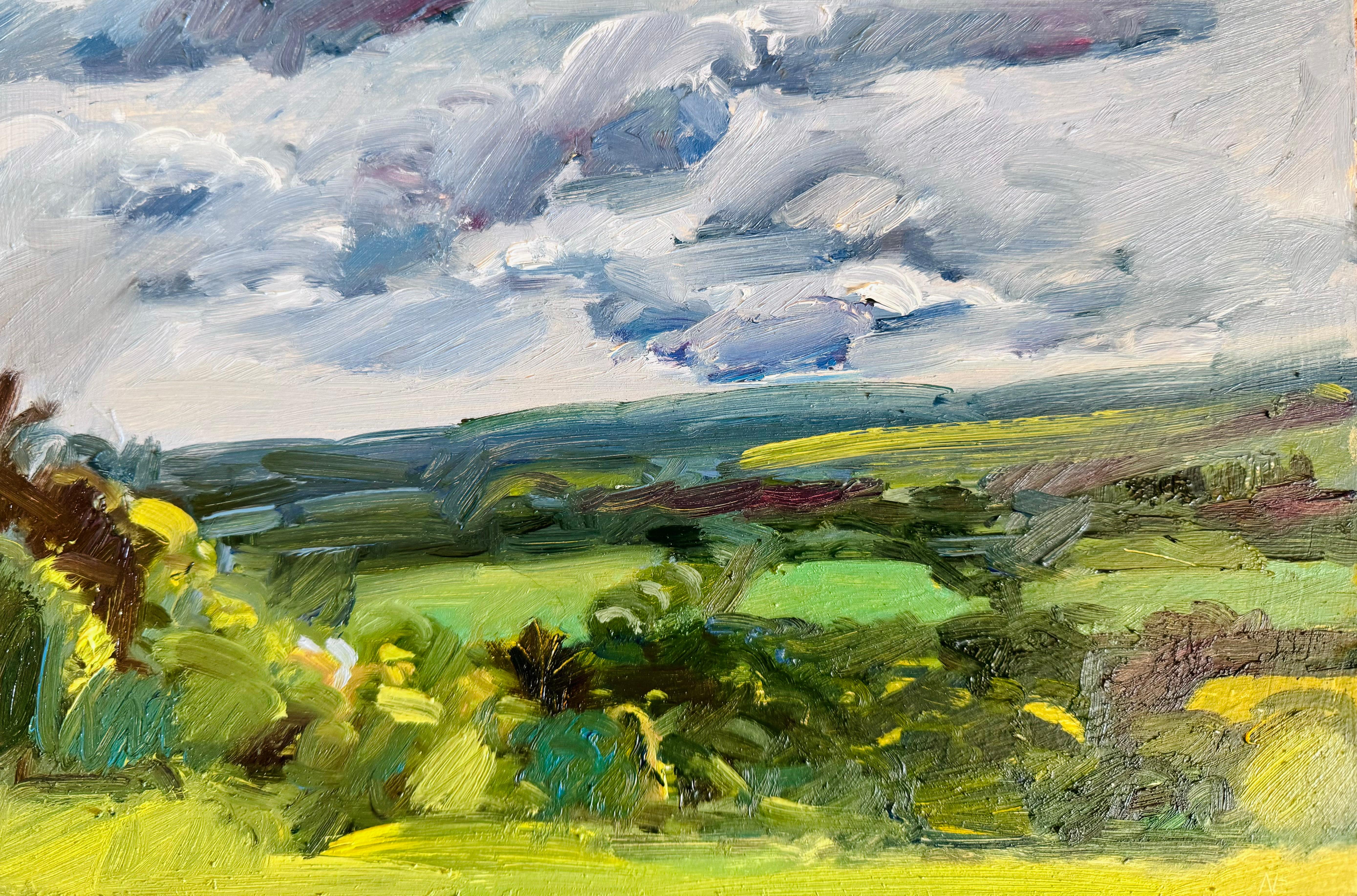 Paesaggio verde di primavera, Hille del Surrey, Quadro originale, Paesaggio, Nature, Albero - Painting Contemporaneo di Natalie Bird