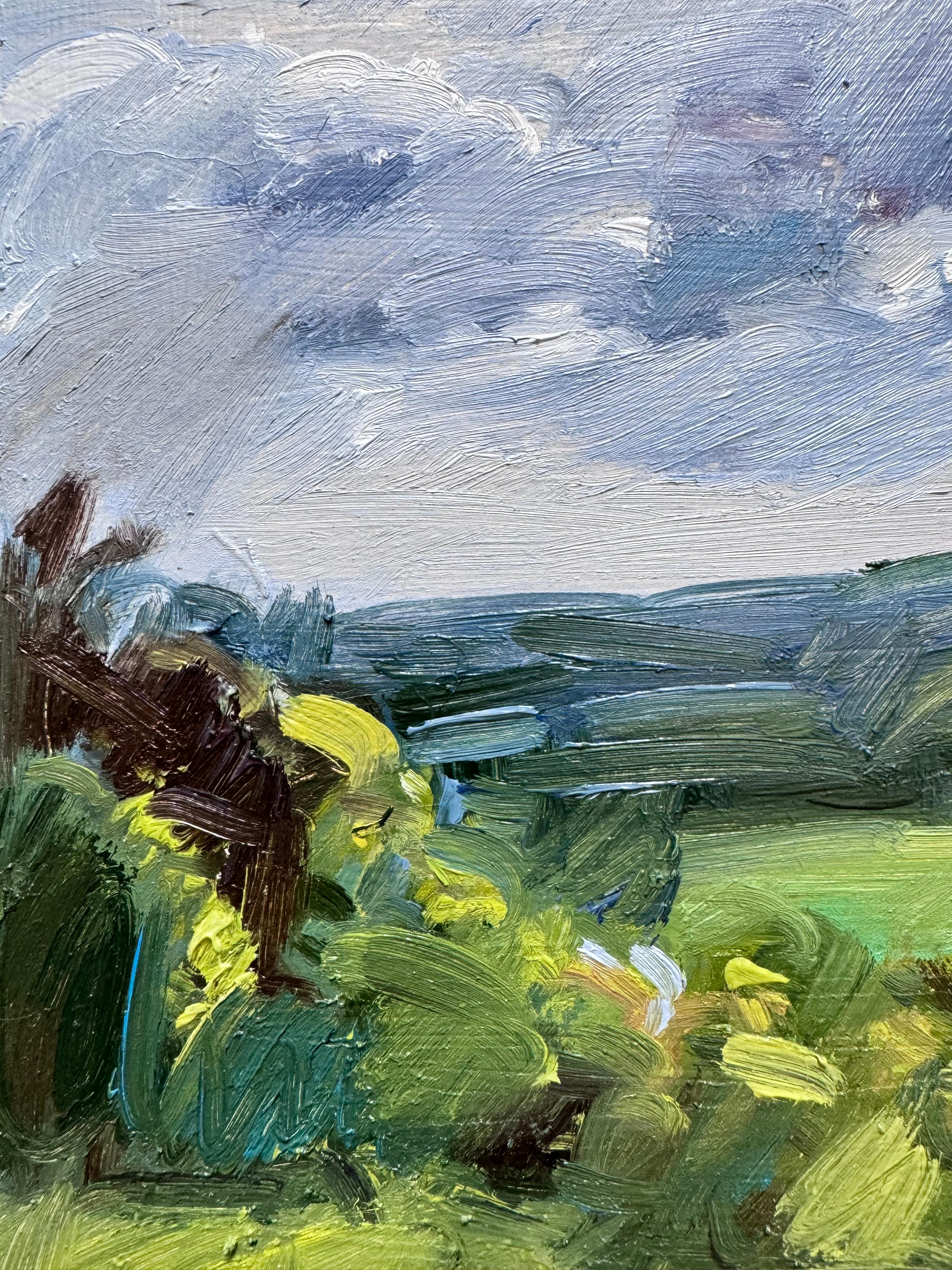 Paesaggio verde di primavera, Hille del Surrey, Quadro originale, Paesaggio, Nature, Albero - Landscape Painting Marrone di Natalie Bird