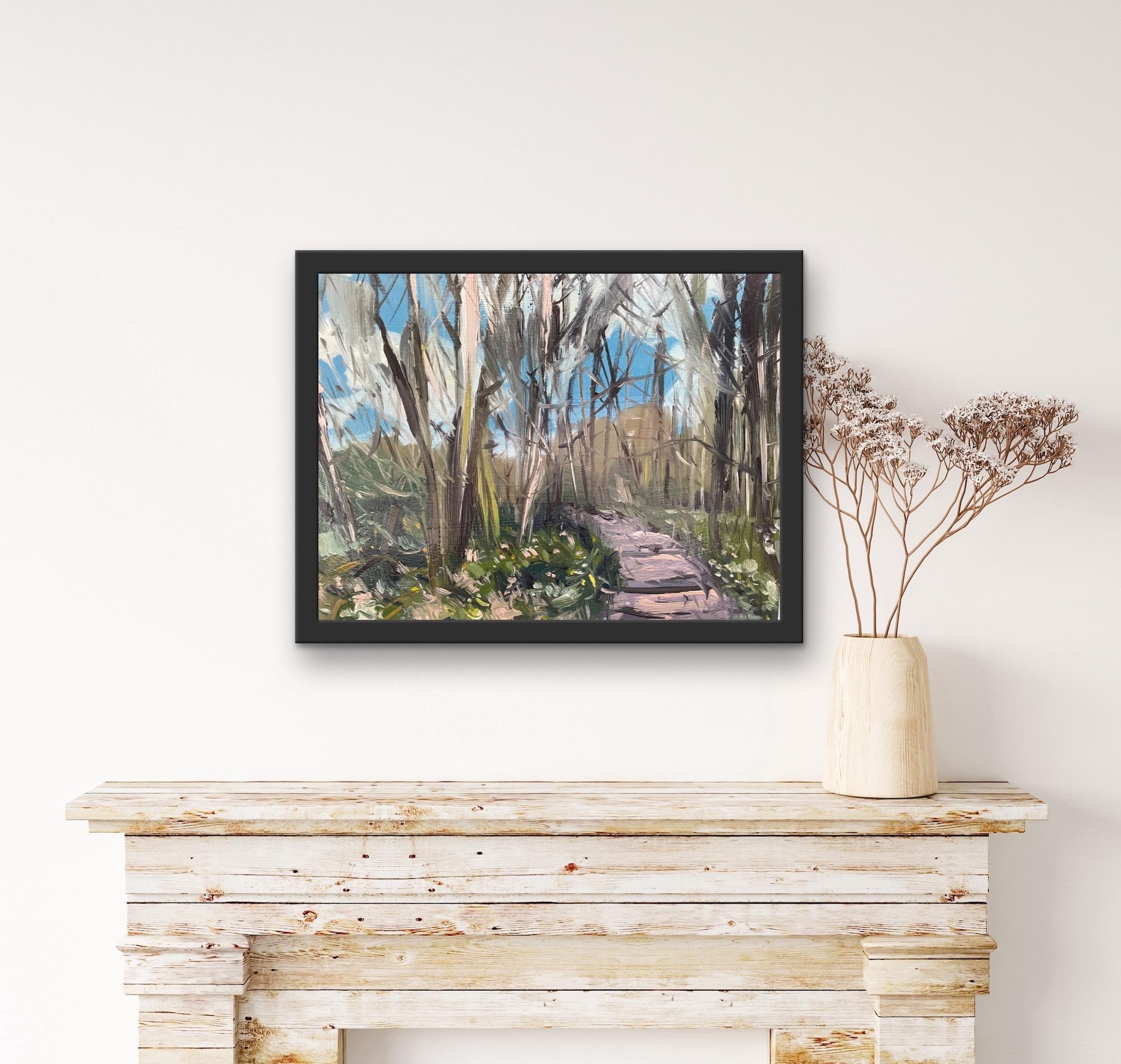 Spring Morning in the Forest, affordable art, original art, landscape art - Gray Abstract Painting by Natalie Bird