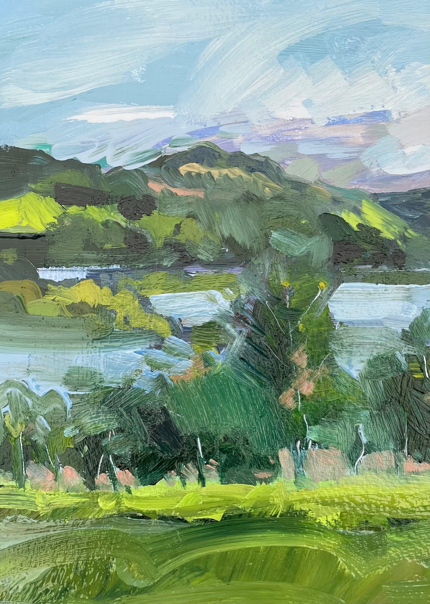 Still Day By The Loch, Scotland, Original painting, Landscape, Nature, Green art - Impressionist Painting by Natalie Bird