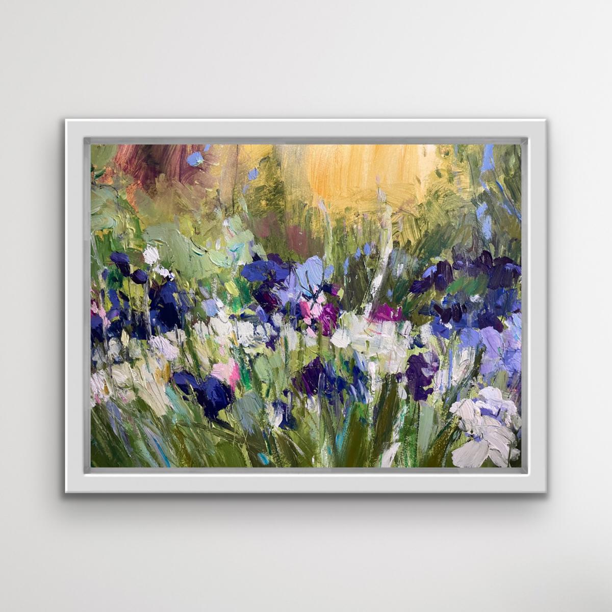 Summer evening in the garden with irises. Framed dimensions - 75cm x 55cm. Non-reflective glass. Framed in hand-painted off white Farrow and Ball frame. Mixed media. Inspired by a friend’s garden a recent summer evening when the sun was setting over