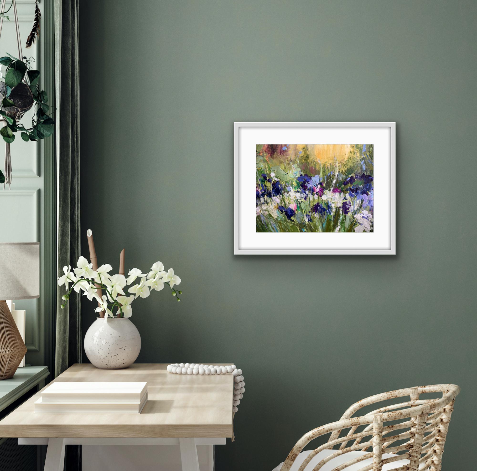 Atardecer de verano en el jardín con lirios, Pintura original de paisaje Arte floral en venta 3
