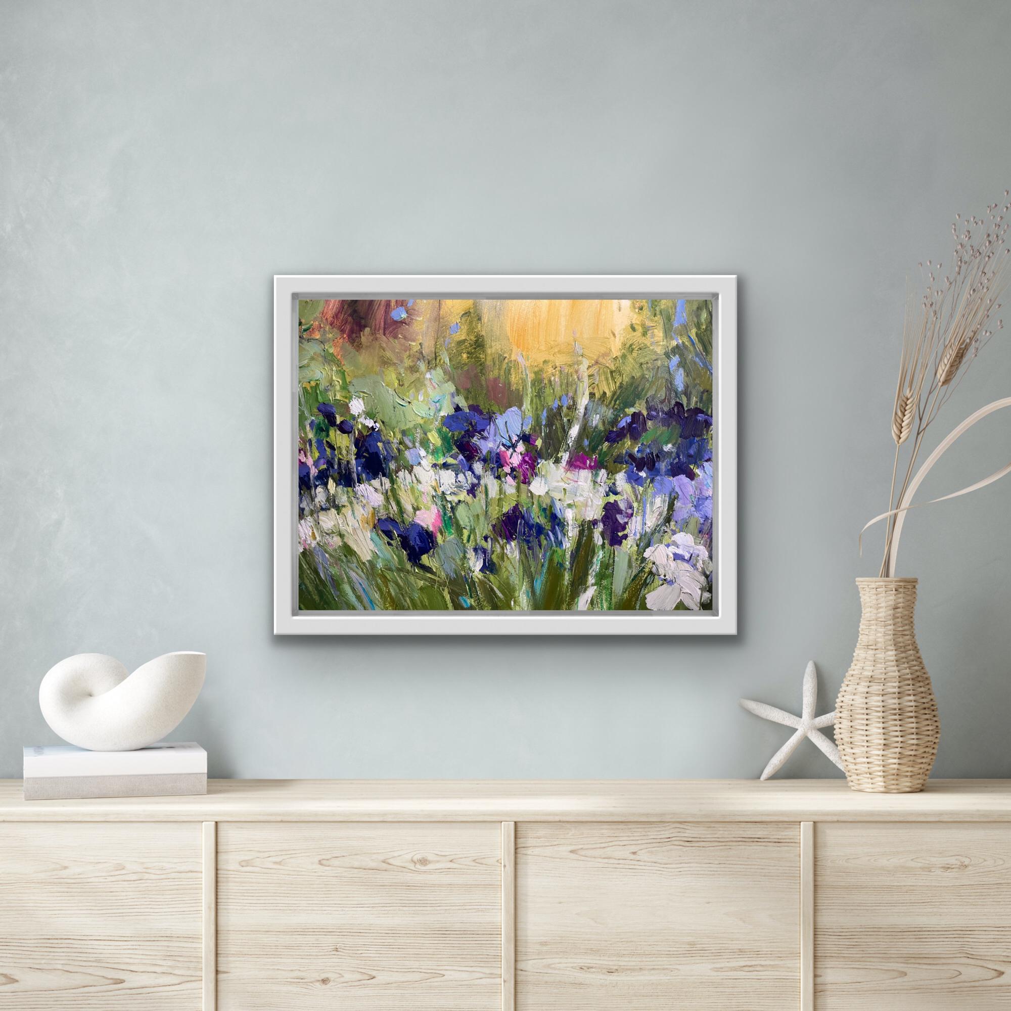 Summer Evening in The Garden With Irises, Original Landscape Painting Floral Art For Sale 6
