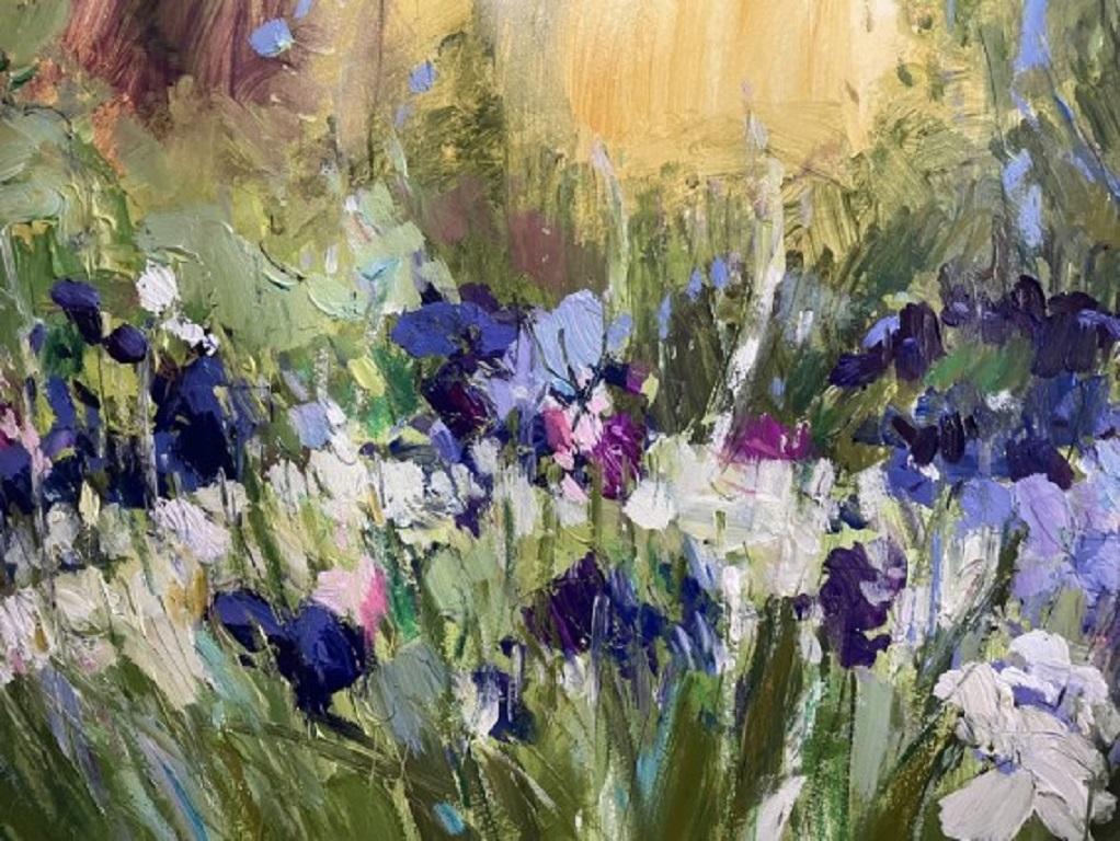Sommer-Abend im Garten mit Irisen, Original-Landschaftsgemälde, Blumenkunst