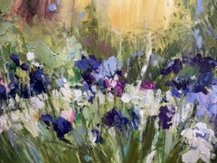 Summer Evening in The Garden With Irises, Original Landscape Painting Floral Art
