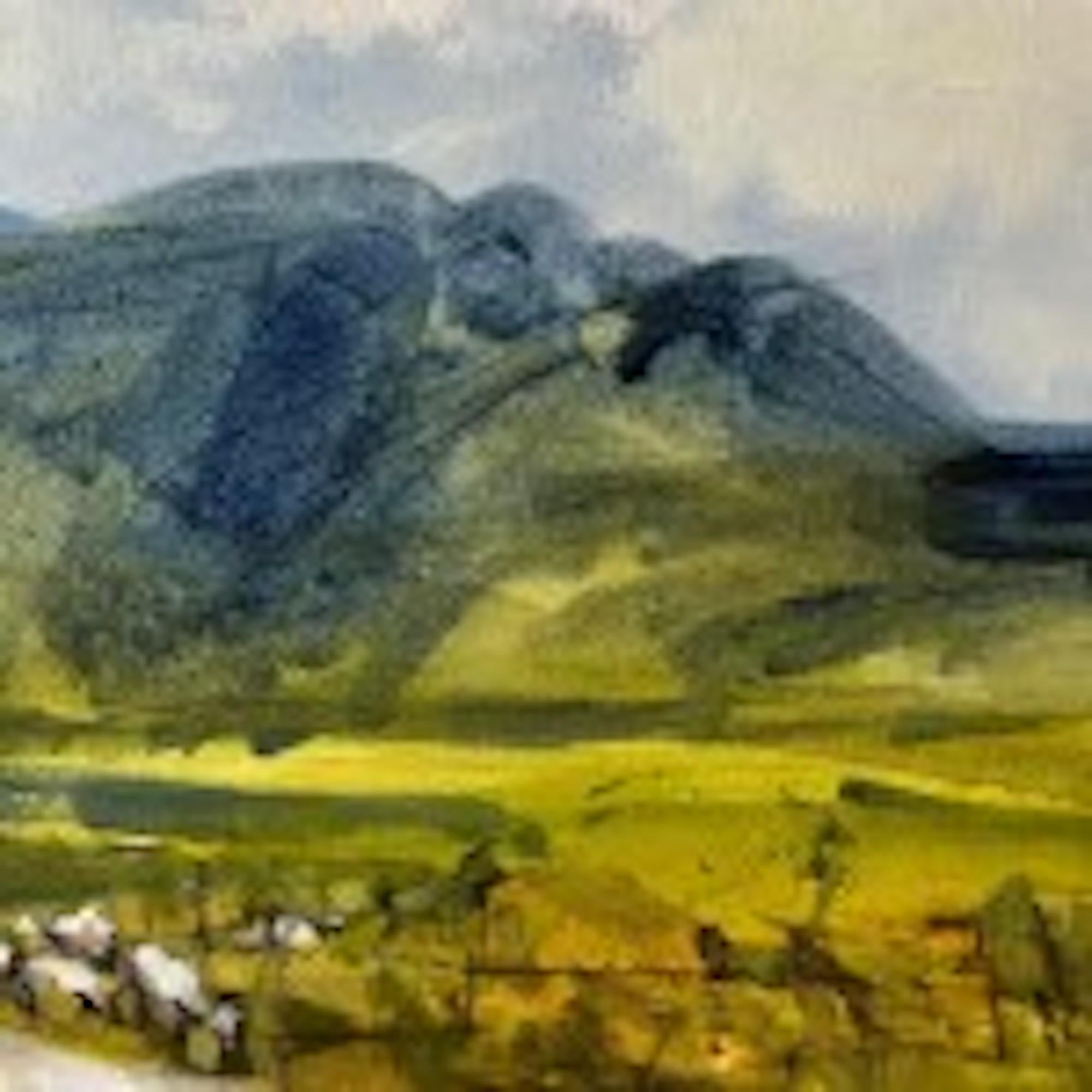 Ben Mohr - Moutons en promenade, art des moutons, art des bergers, art de la nature, art des collines - Marron Landscape Painting par Natalie Bird