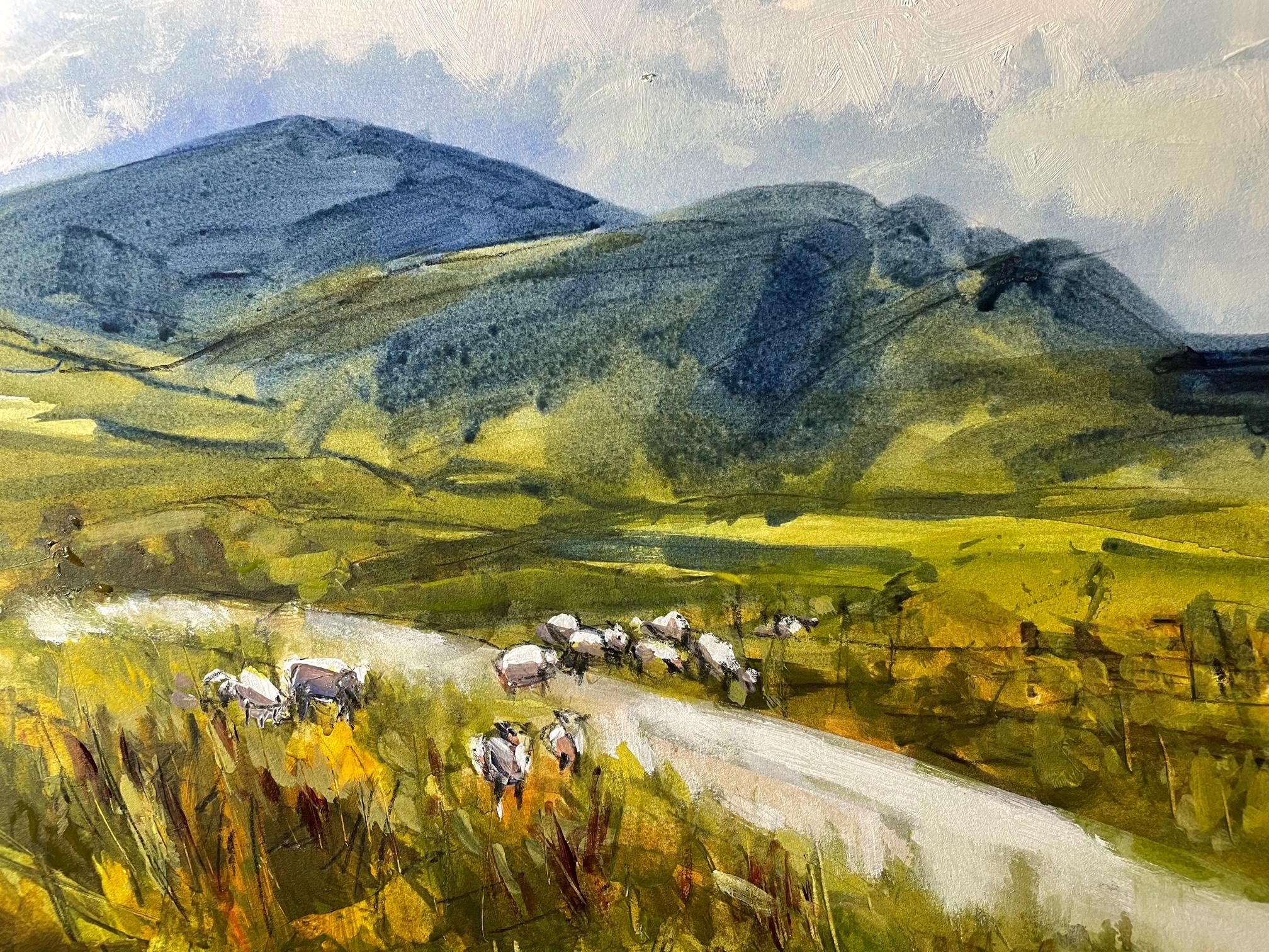 Natalie Bird Landscape Painting - Wandering sheep Ben Mohr, sheep art, shepherd art, nature art, hill art