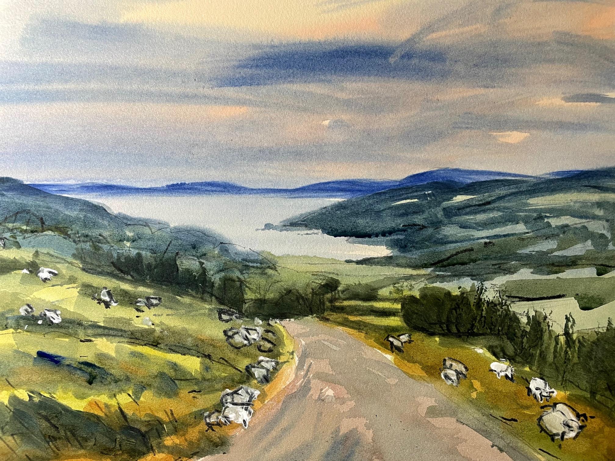 Natalie Bird Abstract Painting - Winter view with sheep, Loch Craignish 