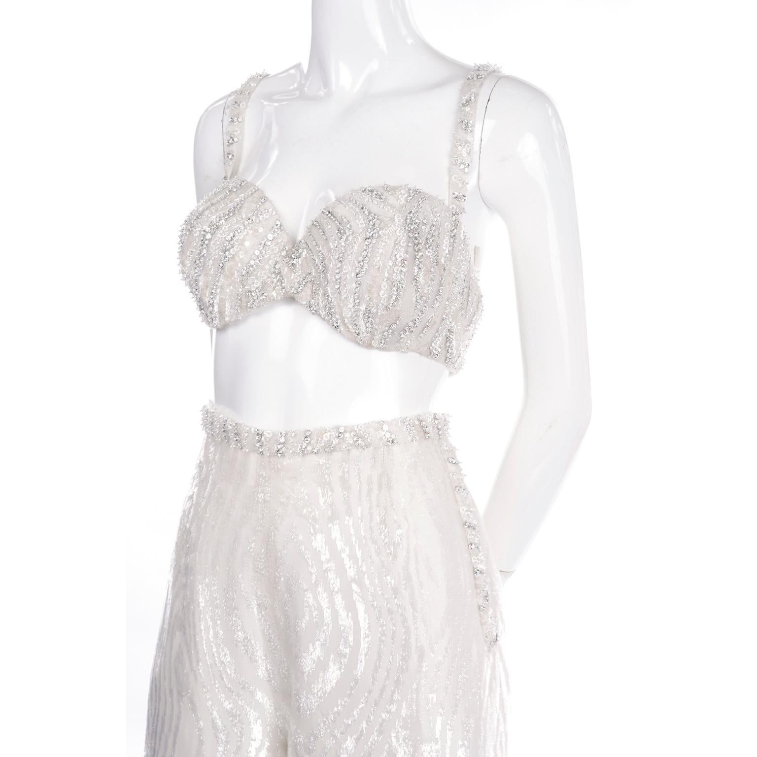 Natalie Cole 1970s White Beaded Evening Outfit W Pants Bustier Shrug & Headband 4