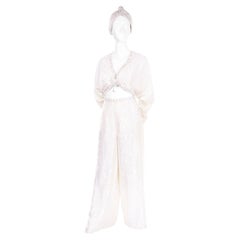 Natalie Cole 1970s White Beaded Evening Outfit W Pants Bustier Shrug & Headband