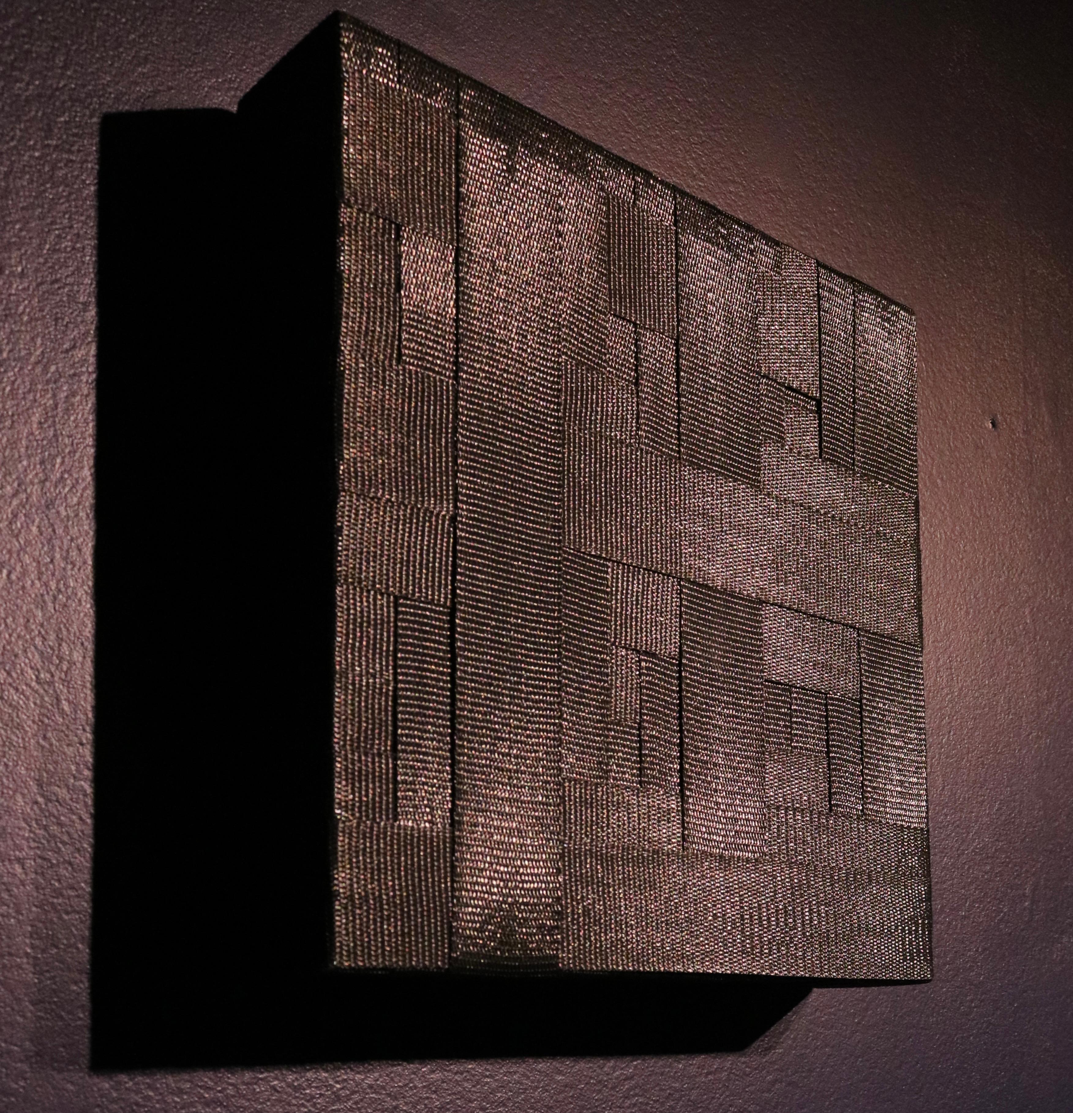 Black Square (grid minimalist textile design modern geometric thread wall art)   - Abstract Geometric Sculpture by Natalie Dunham
