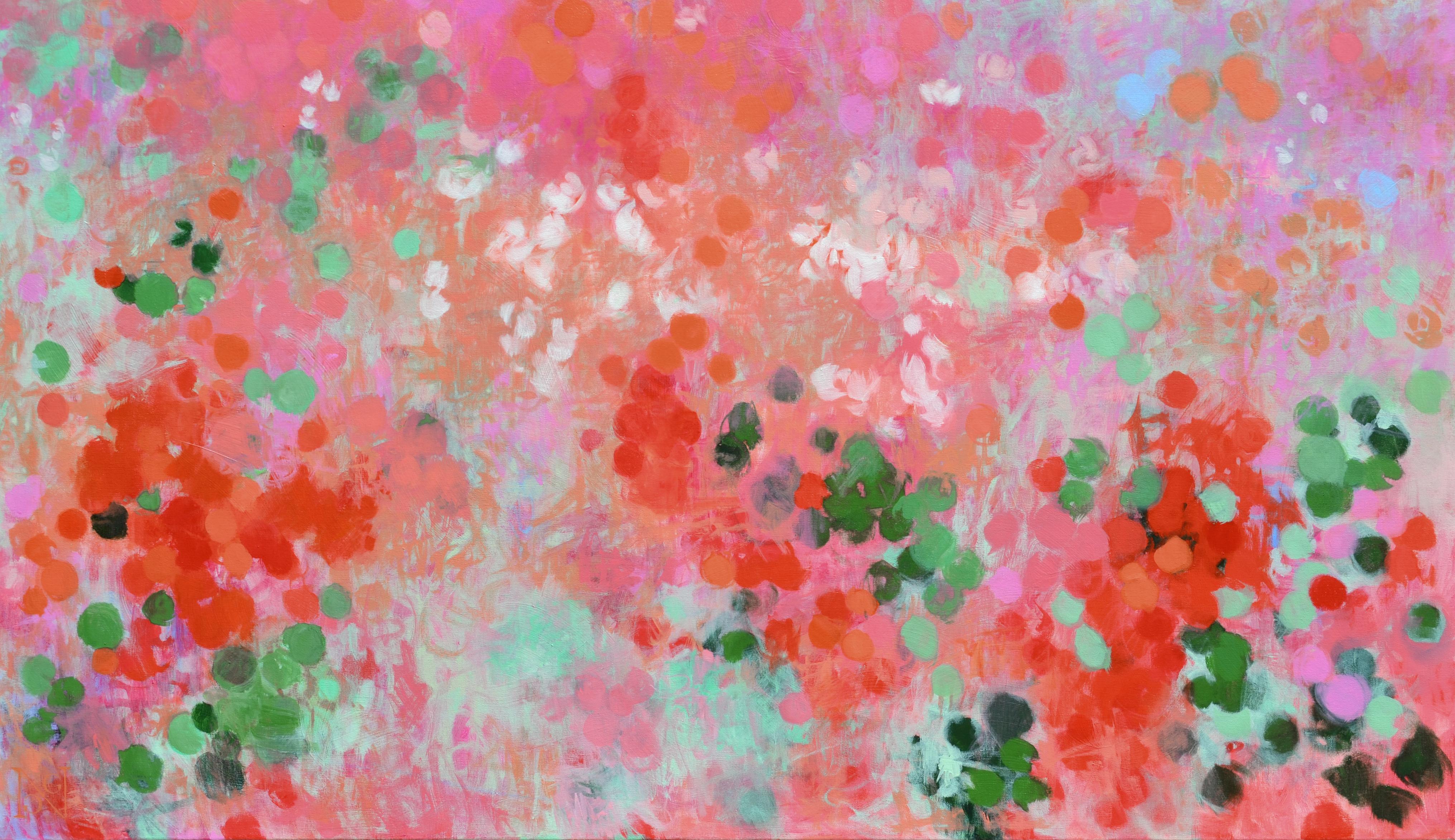 <p>Artist Comments<br>Artist Natalie George demonstrates an abstract expression of an abundant garden with clouds of flowers. Vibrant specks of magenta and orange hues flow in vigorous motion. "The nasturtium flowers and leaves are both
