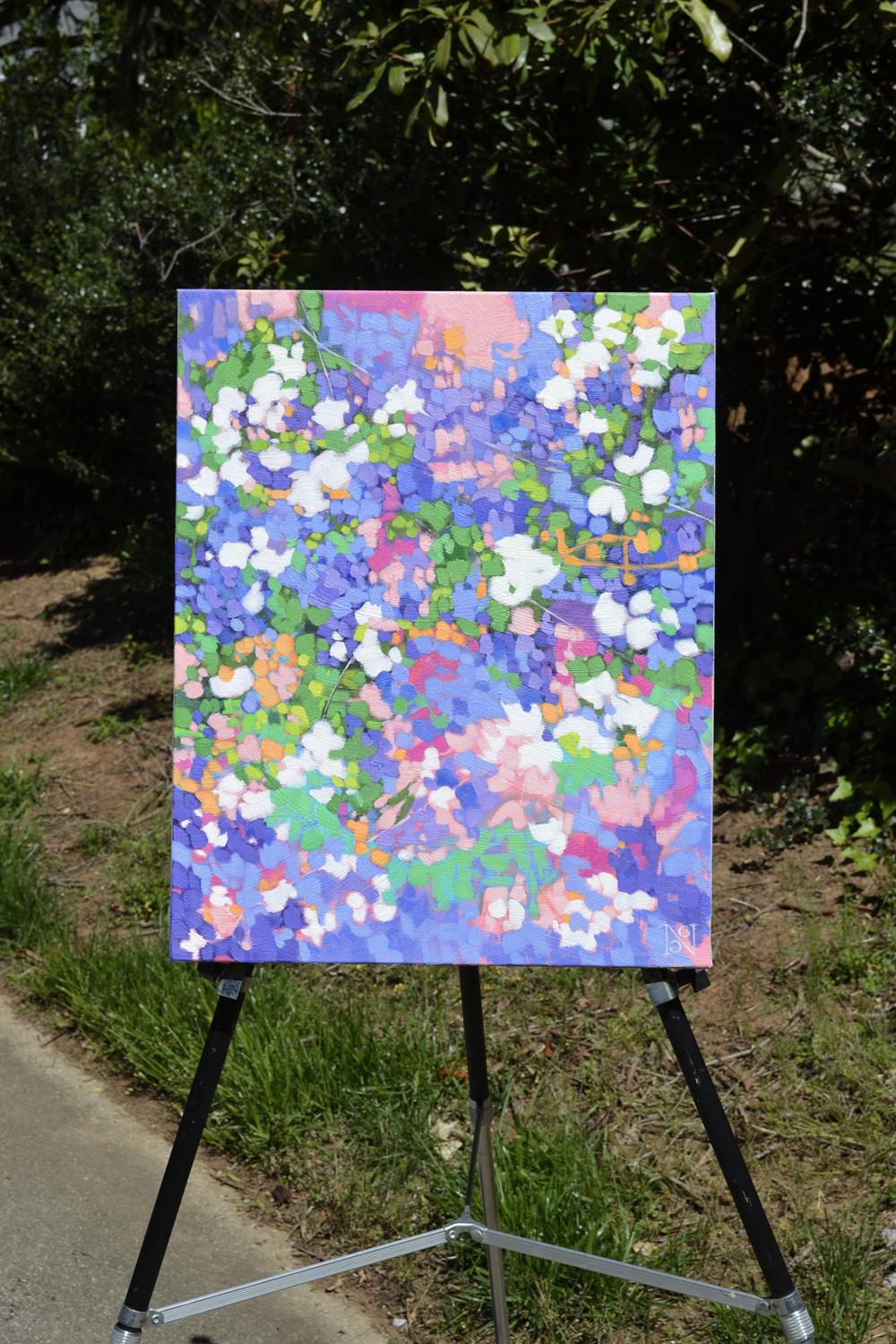 Primavera in città, pittura ad olio astratta - Painting Astratto di Natalie George
