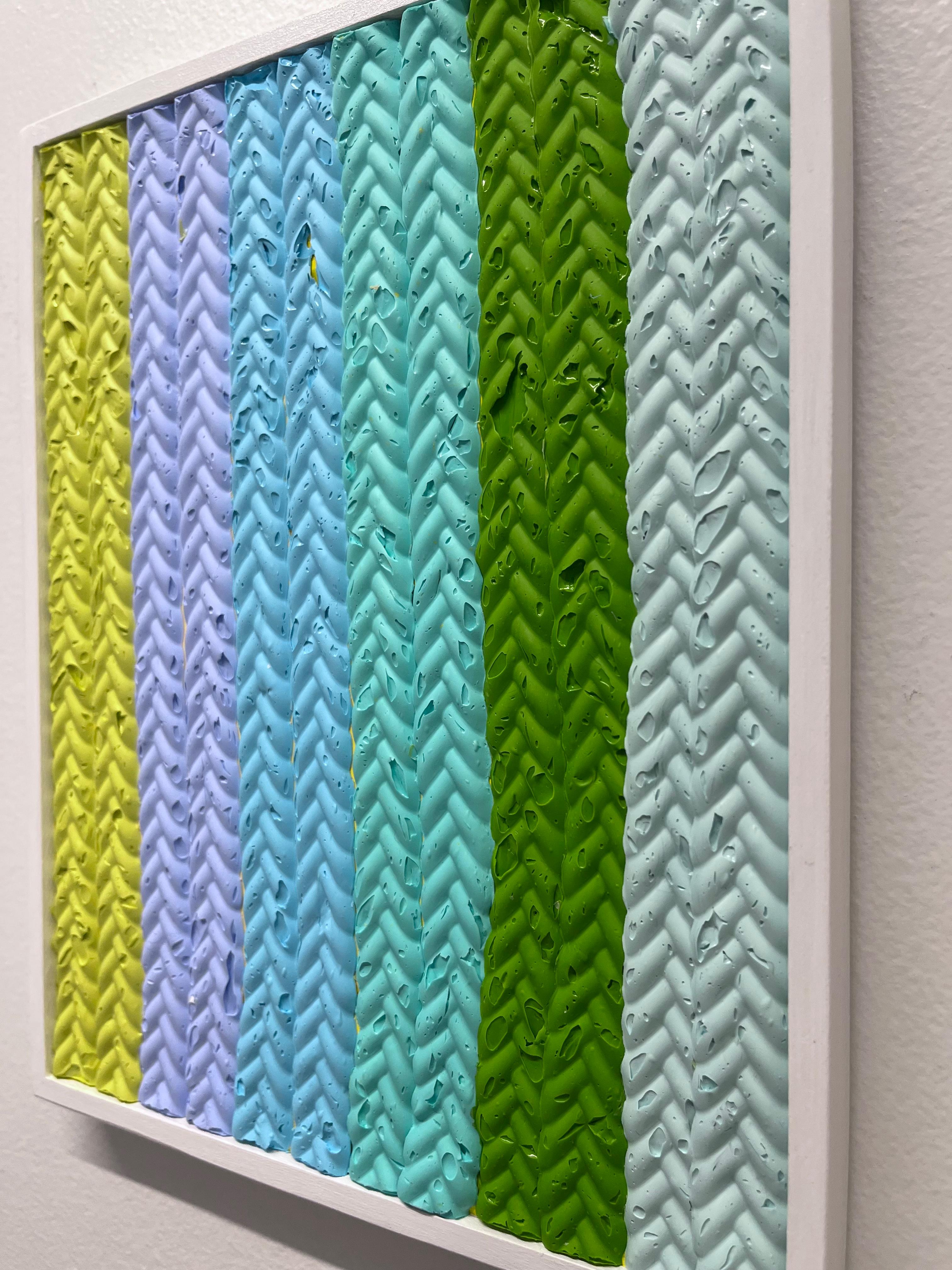Blaue und grüne Steppdecke 1 - gerahmtes und strukturiertes geformtes Acrylgemälde (Zeitgenössisch), Painting, von Natalie Harrison