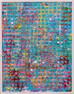 BLUE CIRCLE QUILT I -Framed, Textured, Sculptural, Molded Acrylic Painting