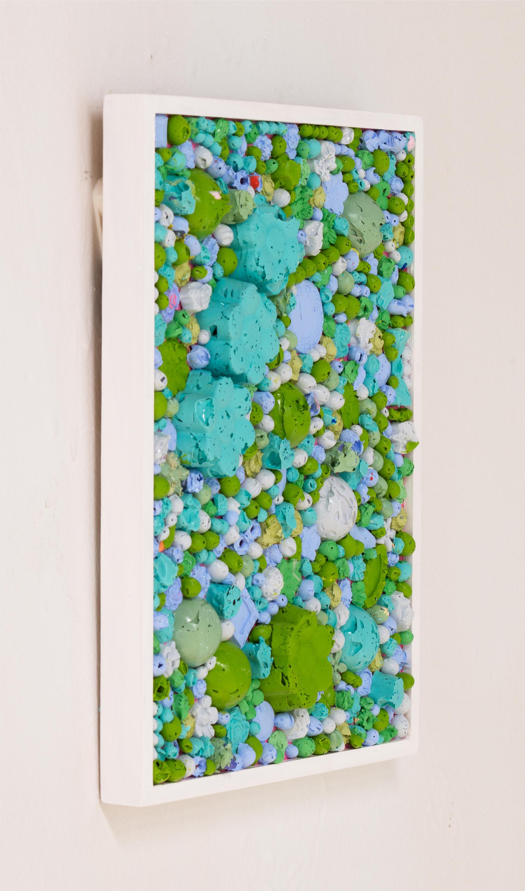 BLUE & GREEN TAPESTRY II - Framed, Sculptural Acrylic Painting on Wood Panel - Contemporary Sculpture by Natalie Harrison