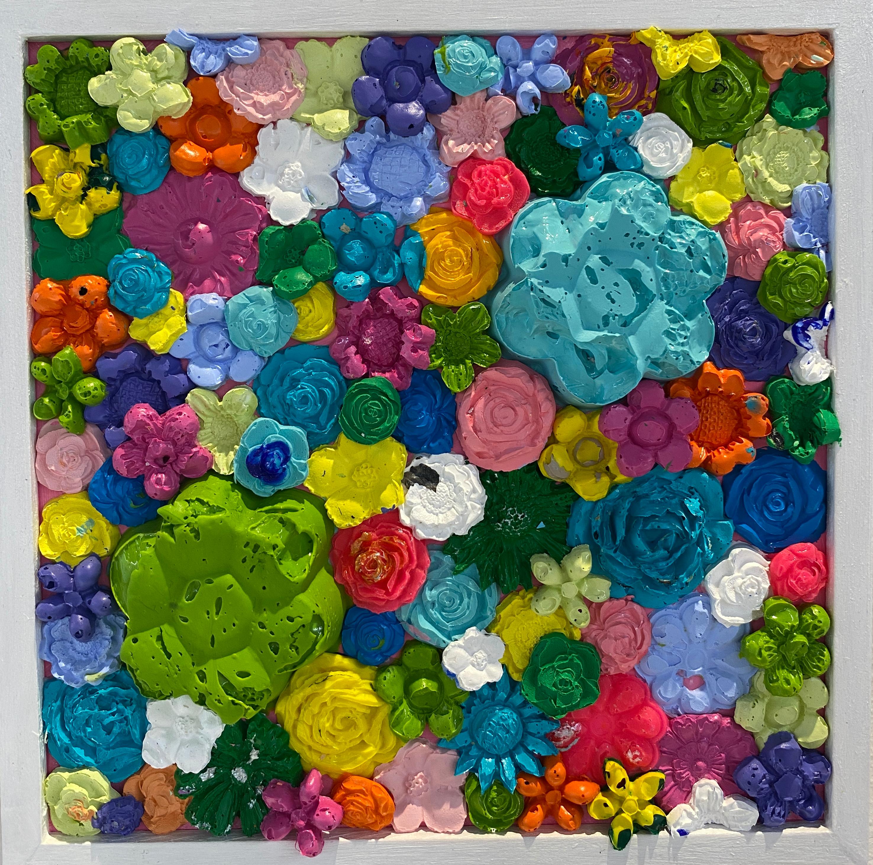 FLOWER TAPESTRY 2 - Framed, Textured, Sculptural, Molded Acrylic Painting - Sculpture by Natalie Harrison
