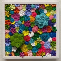 FLOWER TAPESTRY 2 - Gerahmtes, strukturiertes, skulpturales, geformtes Acrylgemälde