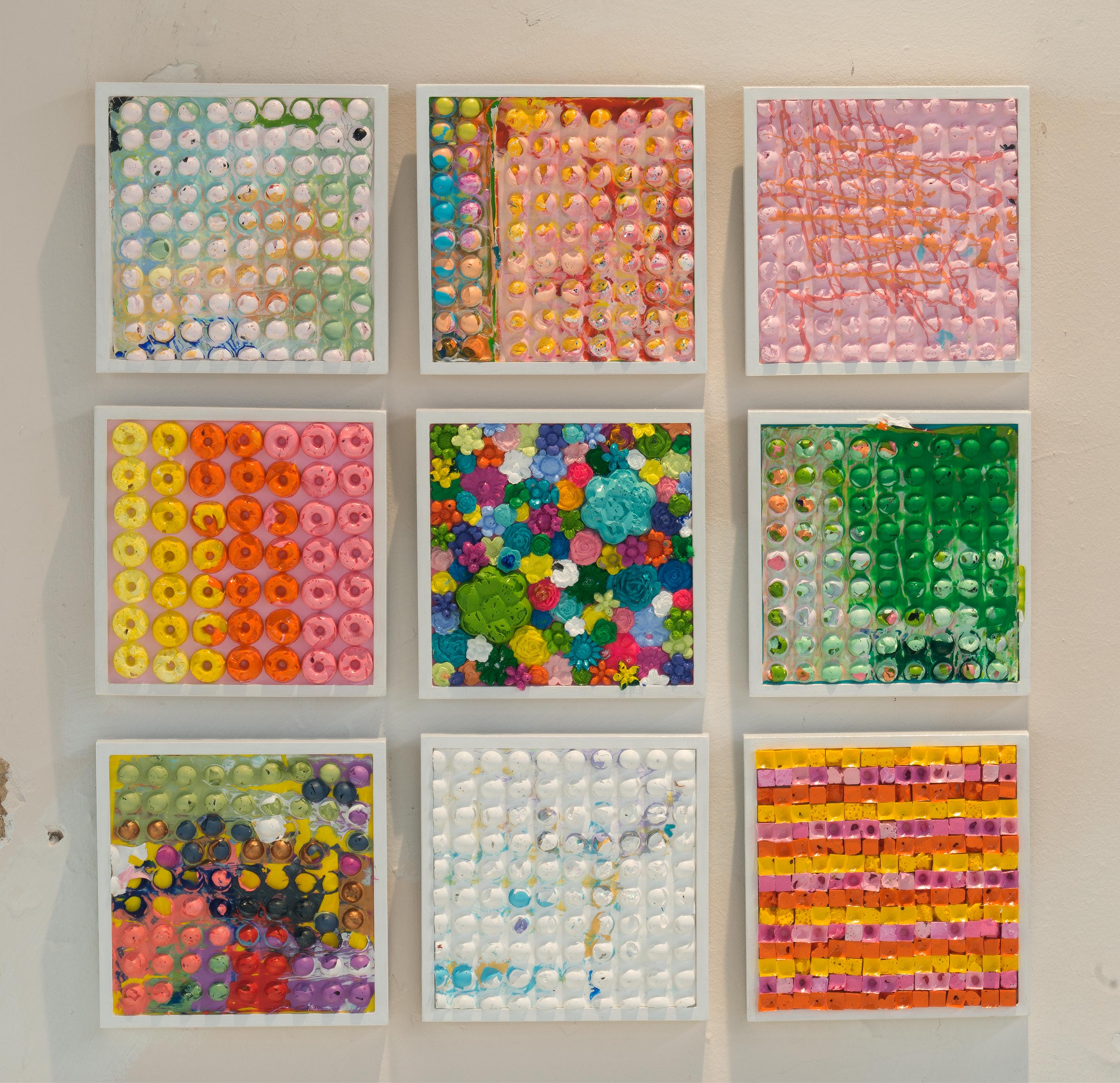 In MULTICOLOR CIRCLE QUILT, 1, Natalie Harrison draws on the historically domestic crafts of molding and quilting to create a new work of collage. Shaping this wide spectrum of colors, leftover from her past work, through a dog treat mold, she