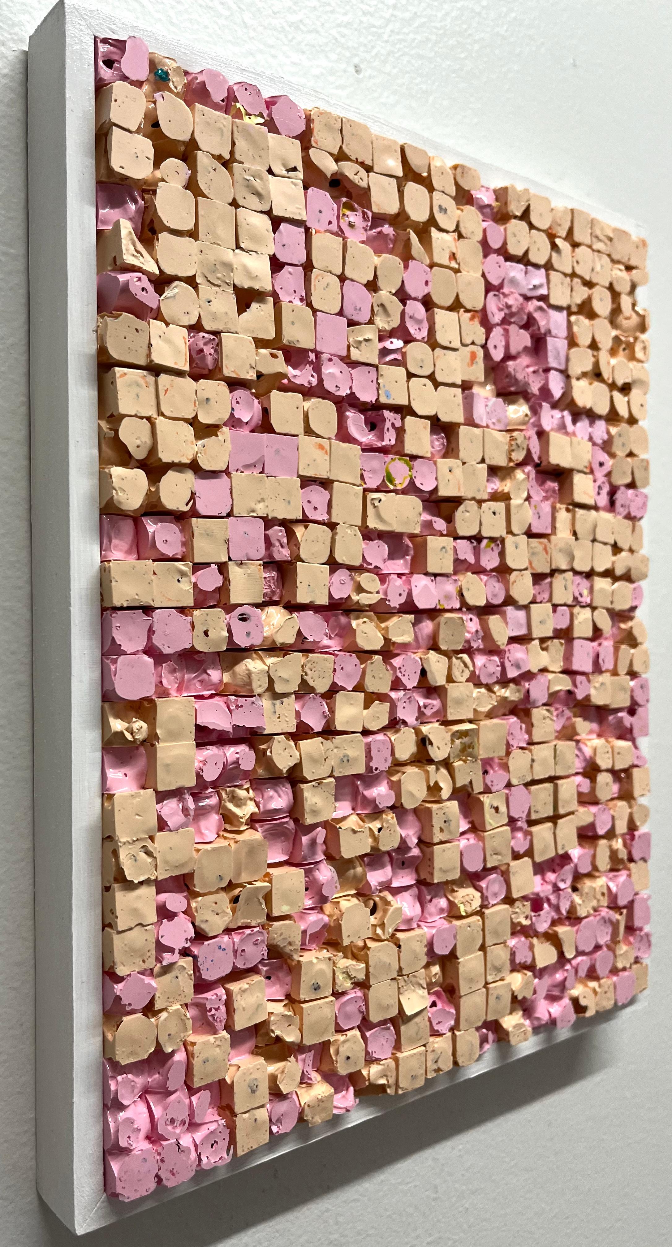 Pink Square Quilt 4- framed and textured molded acrylic painting - Contemporary Painting by Natalie Harrison